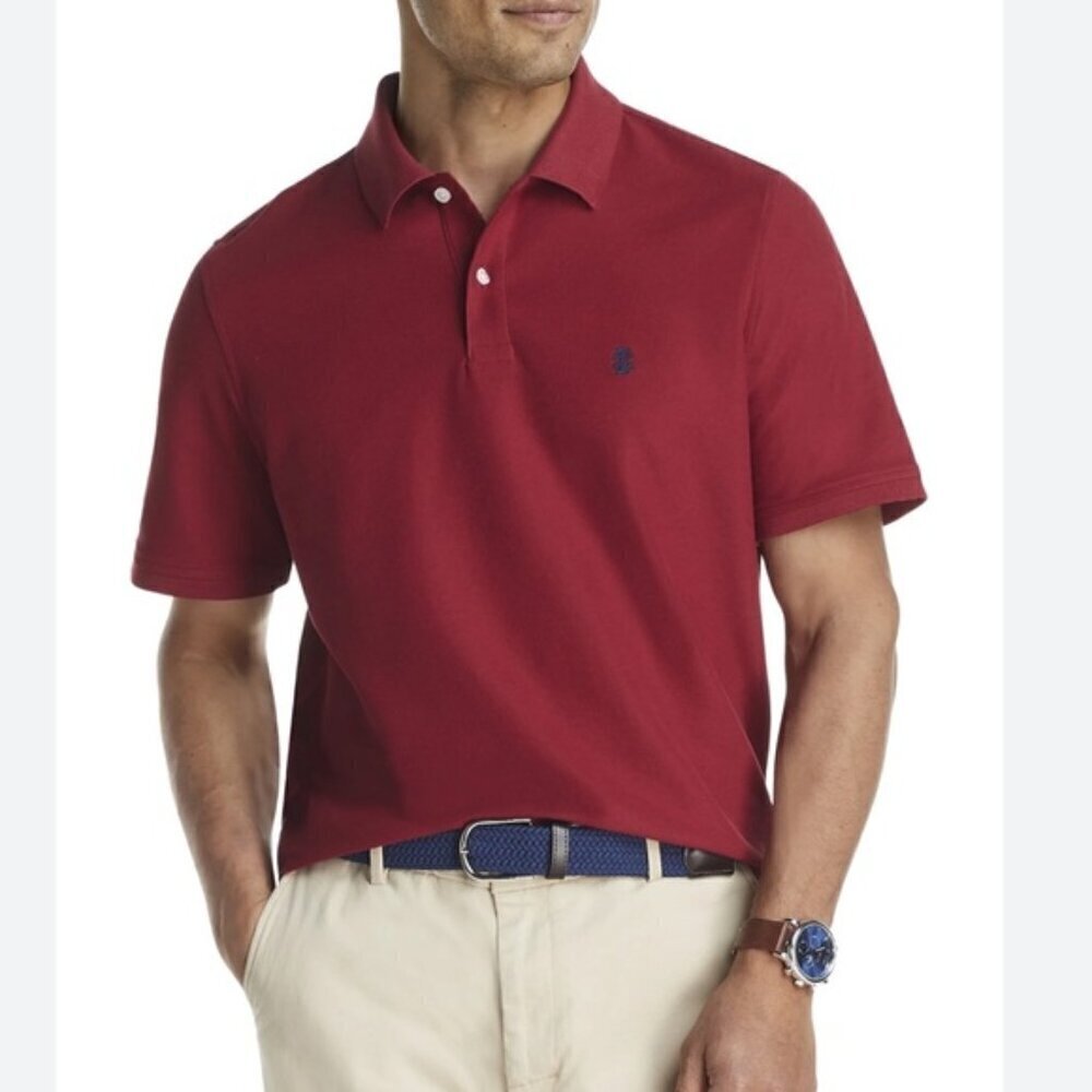 Izod Polo Golf Shirt Logo Short Sleeve Collar 2 Button Red Burgundy XL